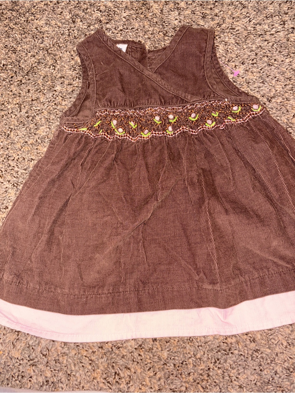 Vintage Girls Brown Corduroy Smocked Dress with Pink Trim